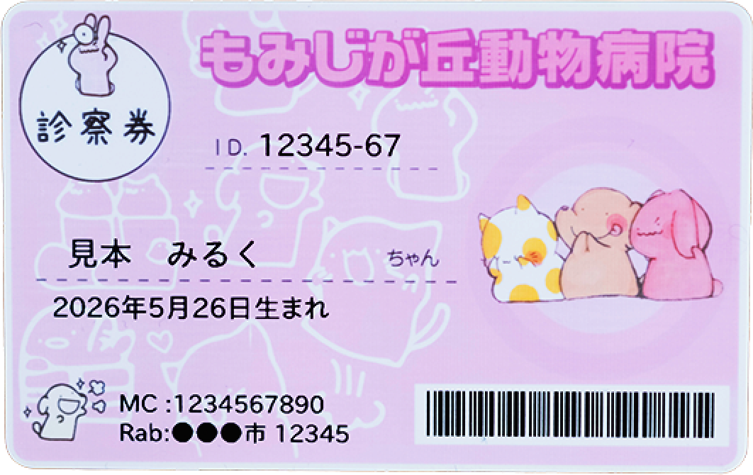 キャラクターのイラストを入れた診察券の見本